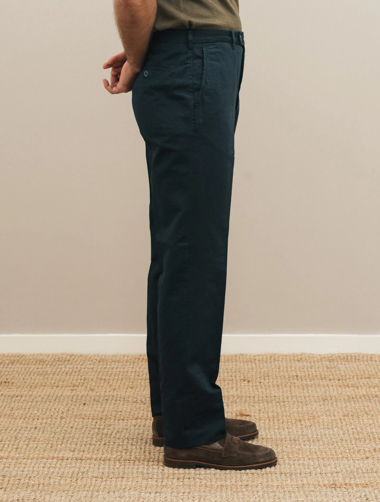 190 Flat Front Cotton Linen Trousers Navy