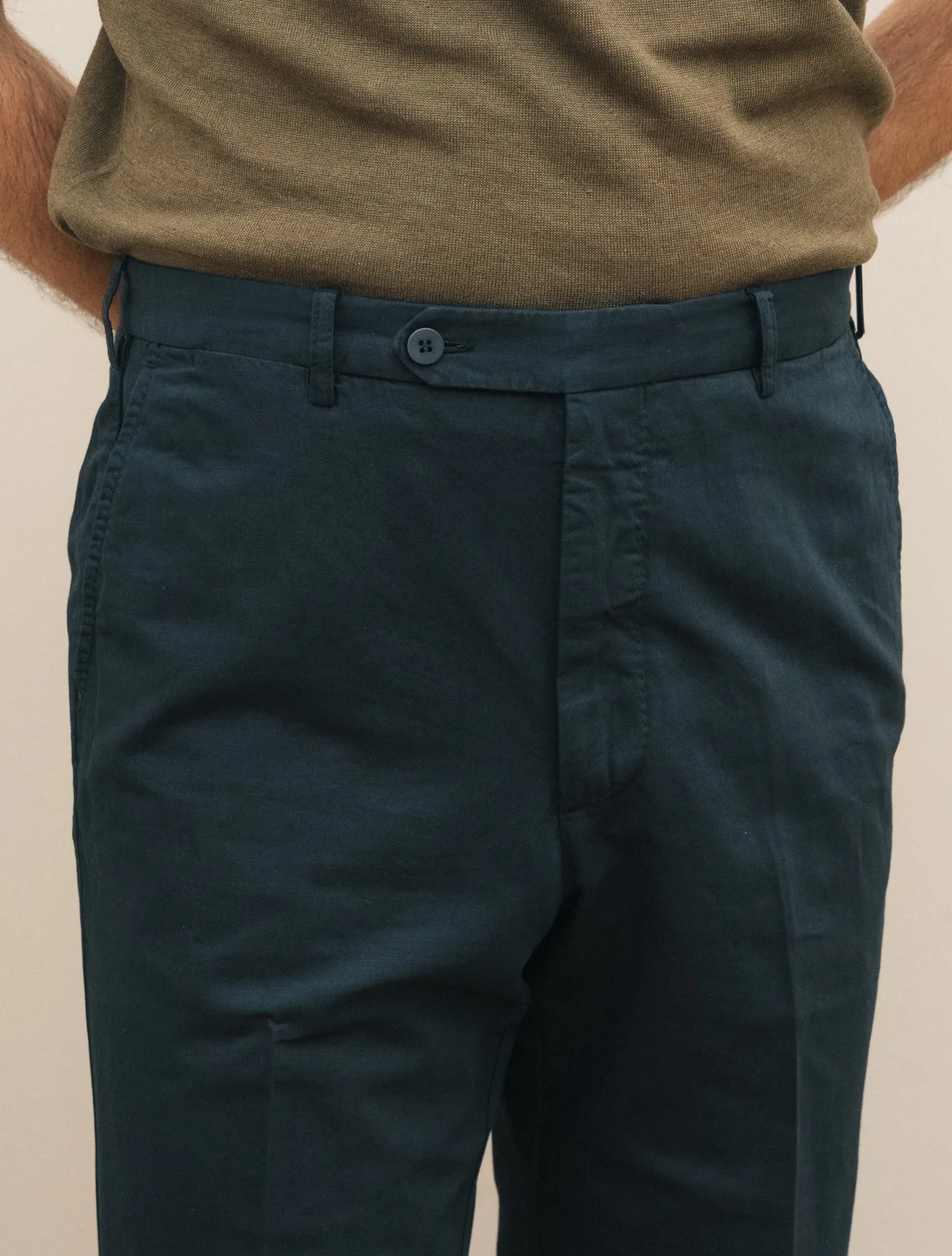 190 Flat Front Cotton Linen Trousers Navy