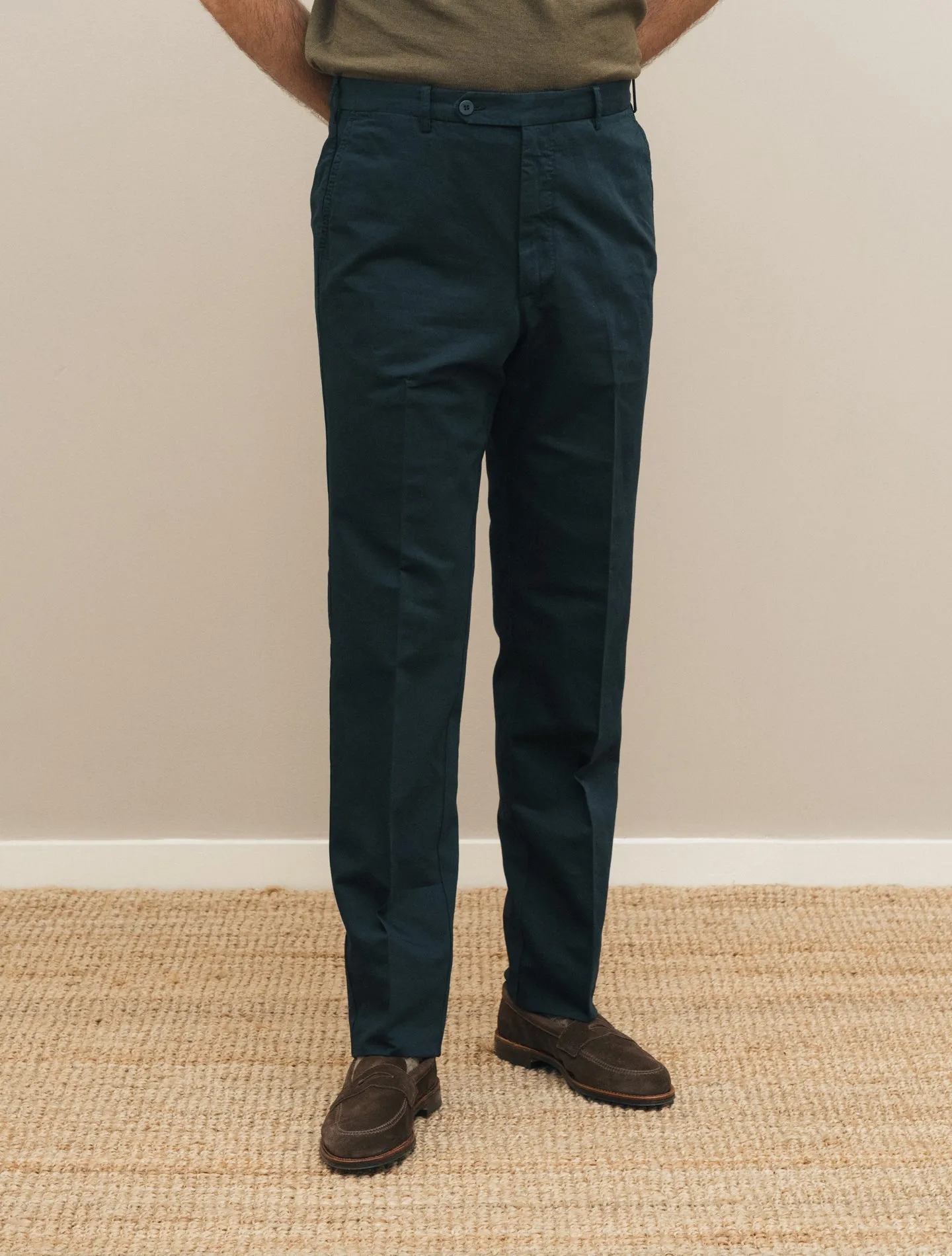 190 Flat Front Cotton Linen Trousers Navy