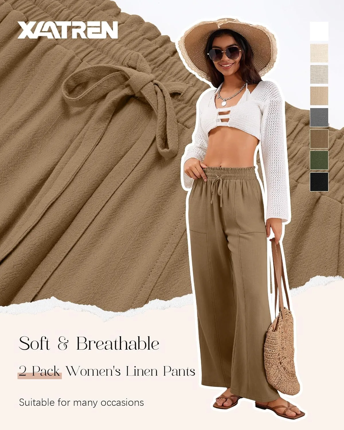 2 Pack Women's Linen Pants Summer Wide Leg Drawstring Elastic Waist Pant Casual Loose Fit Beach Trousers with Pockets