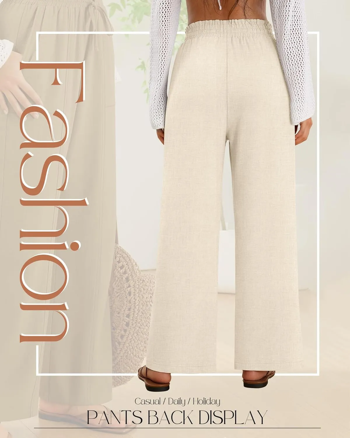 2 Pack Women's Linen Pants Summer Wide Leg Drawstring Elastic Waist Pant Casual Loose Fit Beach Trousers with Pockets