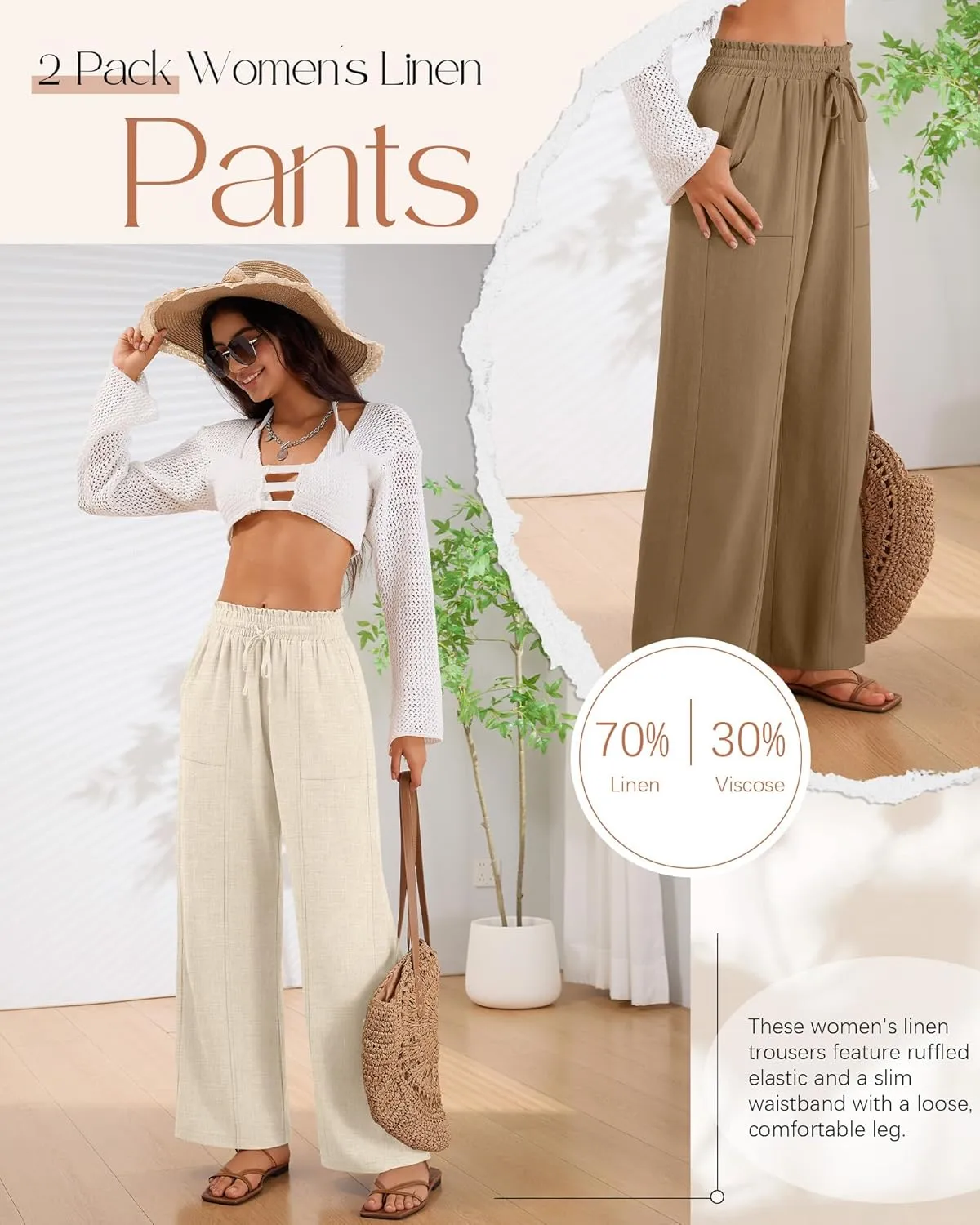 2 Pack Women's Linen Pants Summer Wide Leg Drawstring Elastic Waist Pant Casual Loose Fit Beach Trousers with Pockets