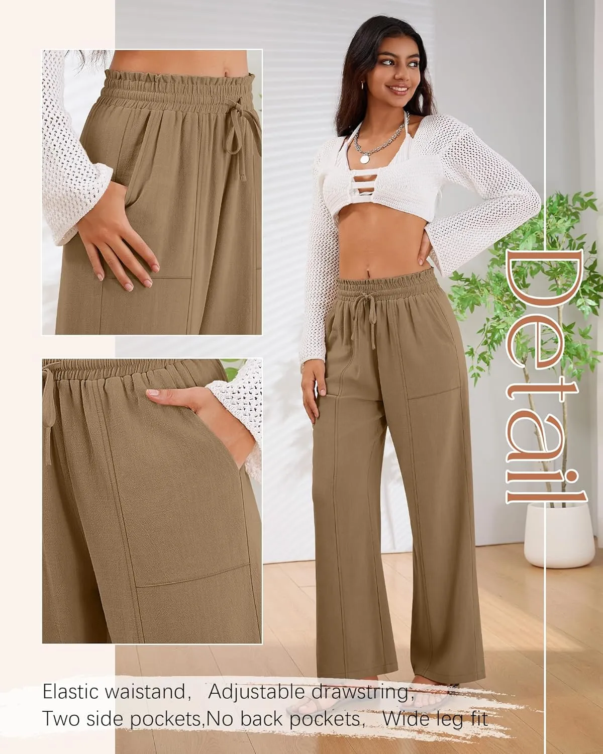 2 Pack Women's Linen Pants Summer Wide Leg Drawstring Elastic Waist Pant Casual Loose Fit Beach Trousers with Pockets