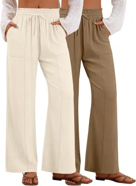 2 Pack Women's Linen Pants Summer Wide Leg Drawstring Elastic Waist Pant Casual Loose Fit Beach Trousers with Pockets