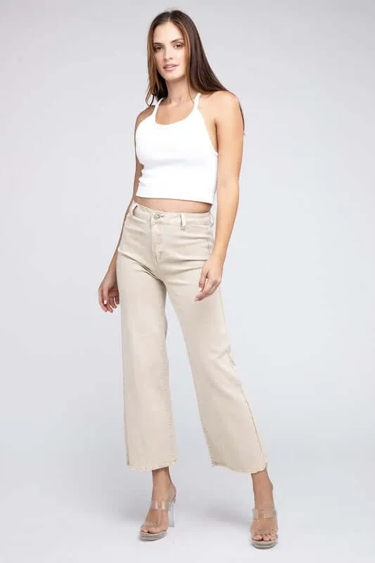 Acid Wash Frayed Cutoff Hem Straight Wide Pants