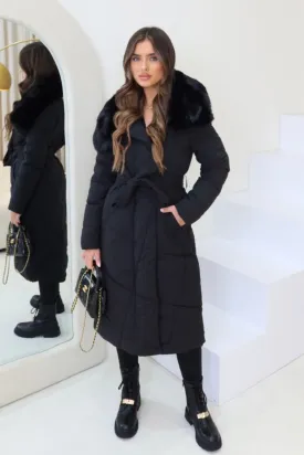 Alice black long faux fur  puffer coat