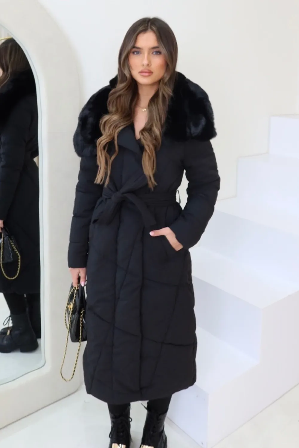 Alice black long faux fur  puffer coat
