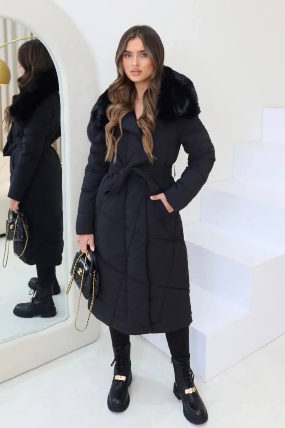 Alice black long faux fur  puffer coat