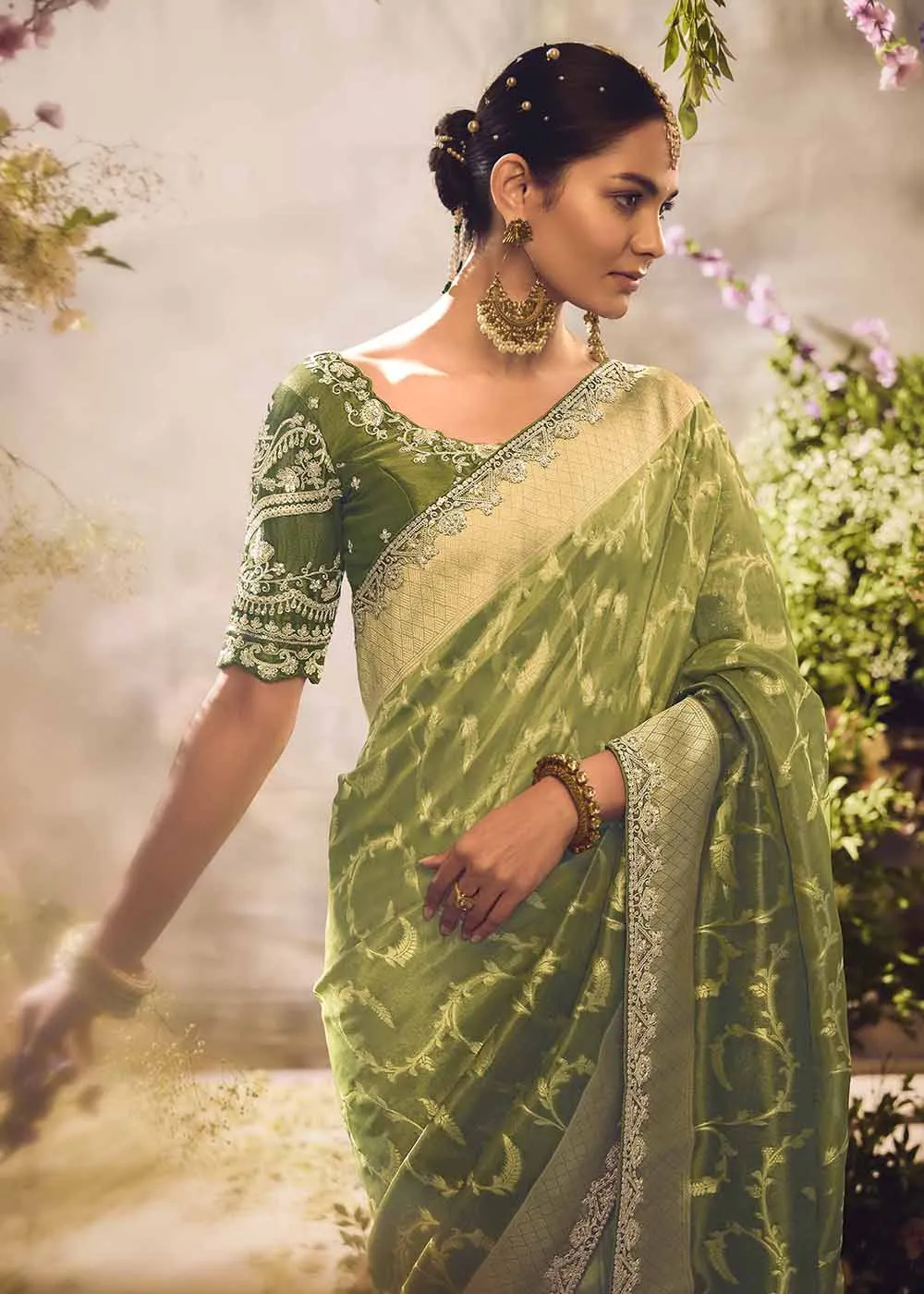 Banarasi Silk Zari Tissue Green Festive Wear Saree