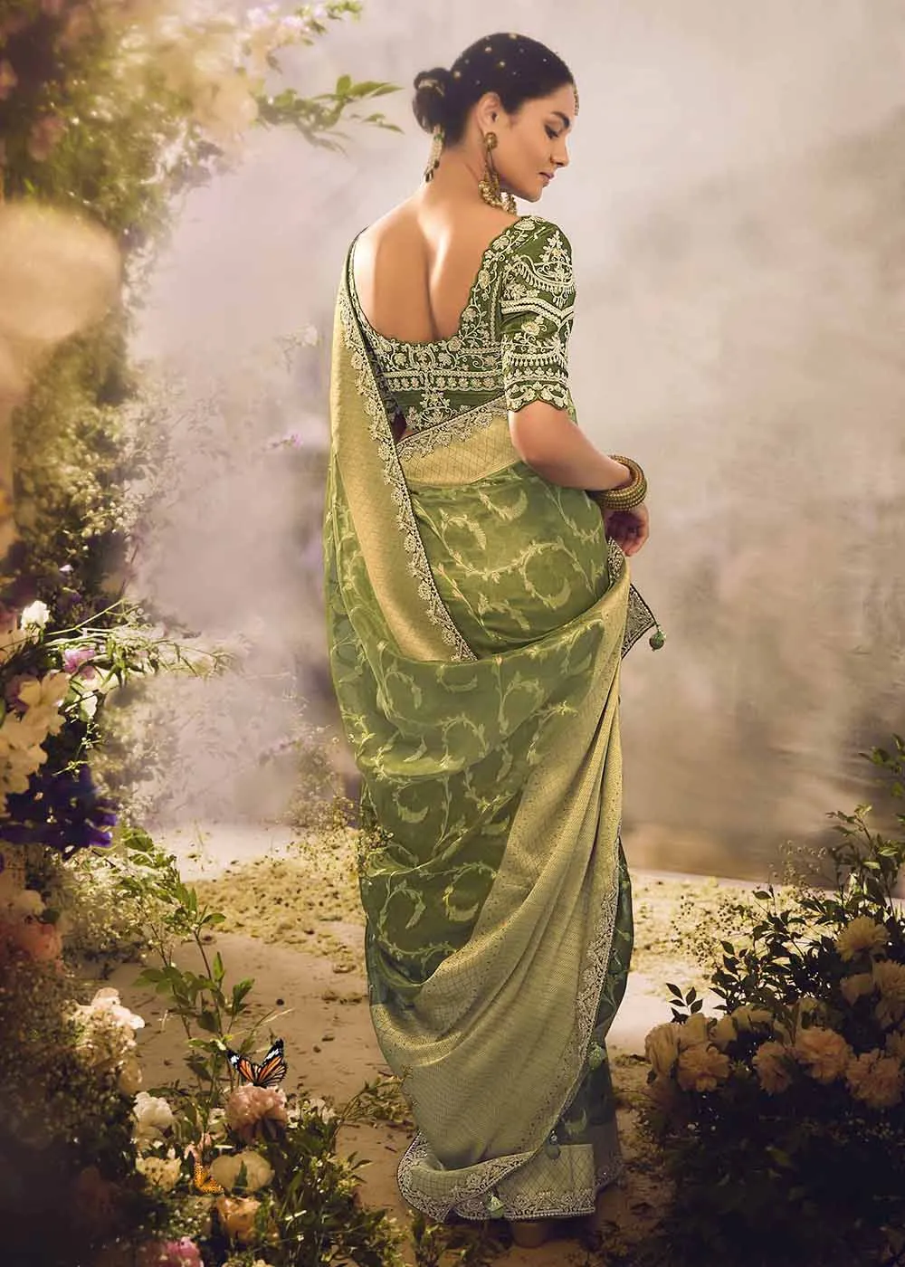 Banarasi Silk Zari Tissue Green Festive Wear Saree