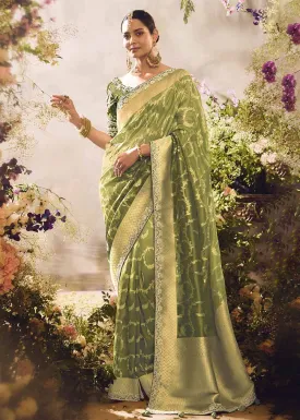 Banarasi Silk Zari Tissue Green Festive Wear Saree