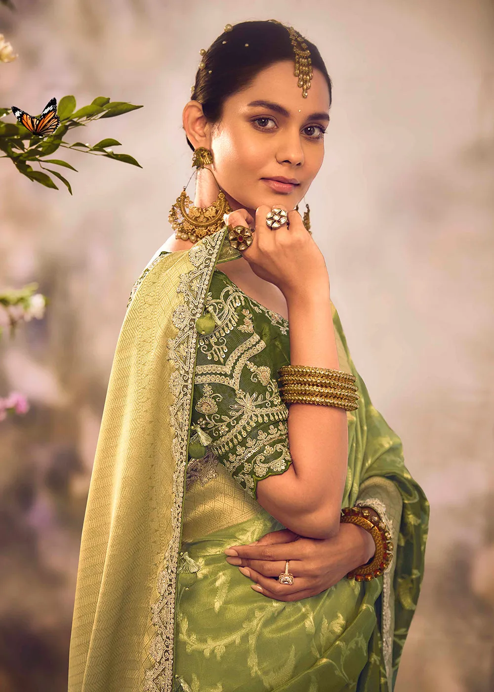 Banarasi Silk Zari Tissue Green Festive Wear Saree