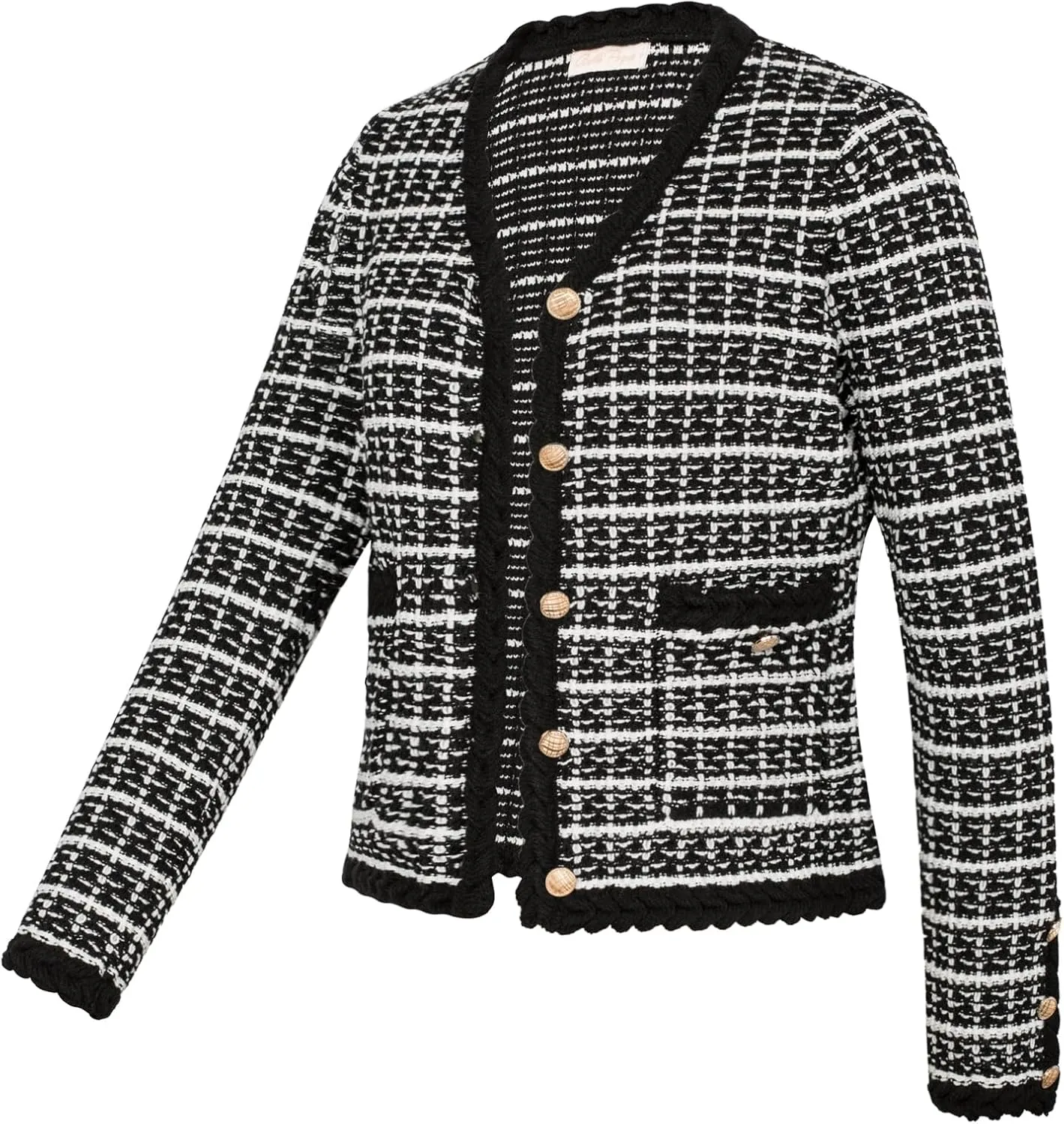 Belle Poque Women Cardigan Sweaters Tweed Pattern Jacket V Neck Sweater Blazer with Button for Fall Winter Spring
