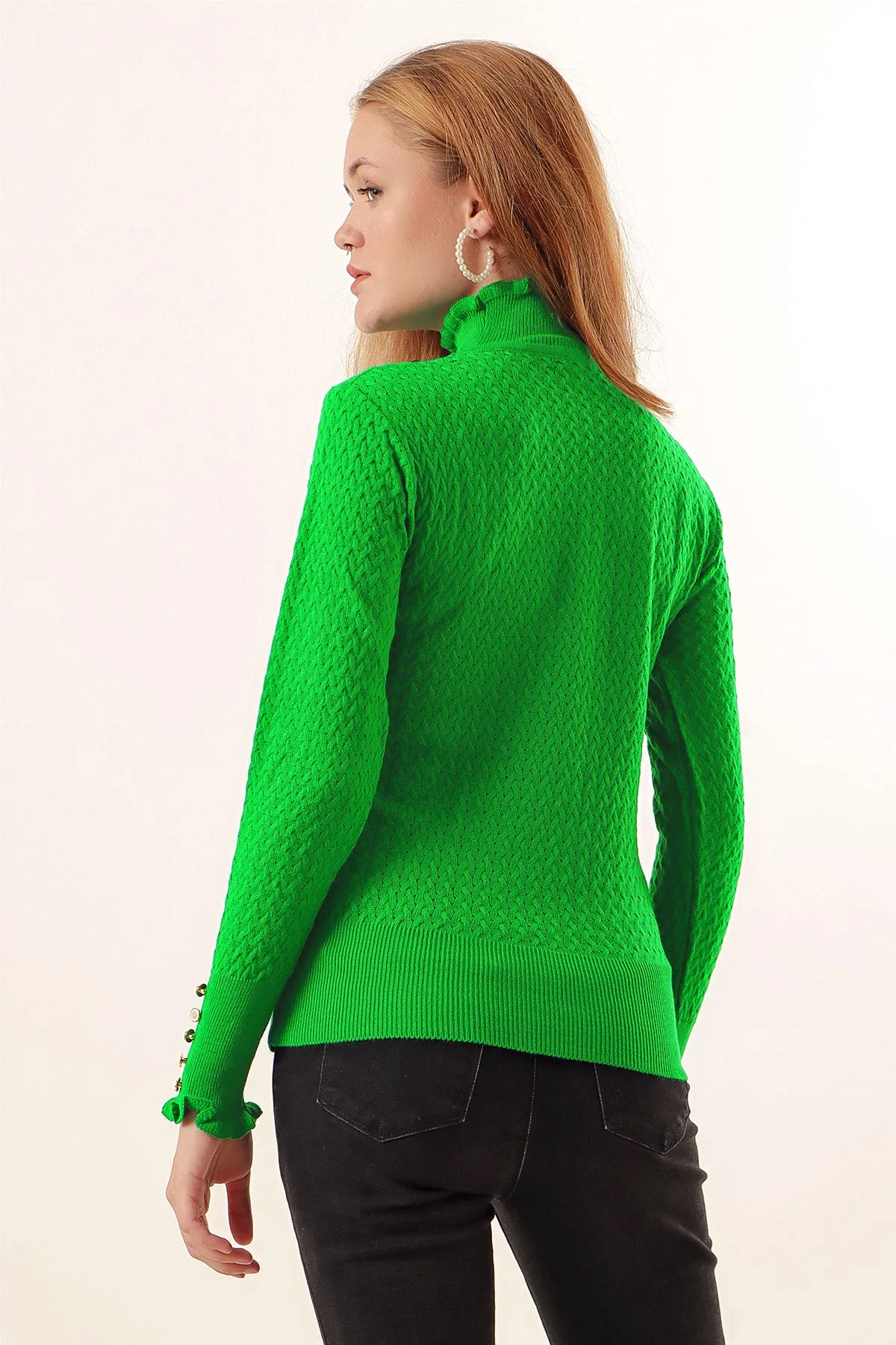BGD Women Buttoned Fisherman Collar Sweater - Dark Green - Avondale