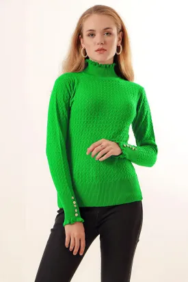 BGD Women Buttoned Fisherman Collar Sweater - Dark Green - Avondale