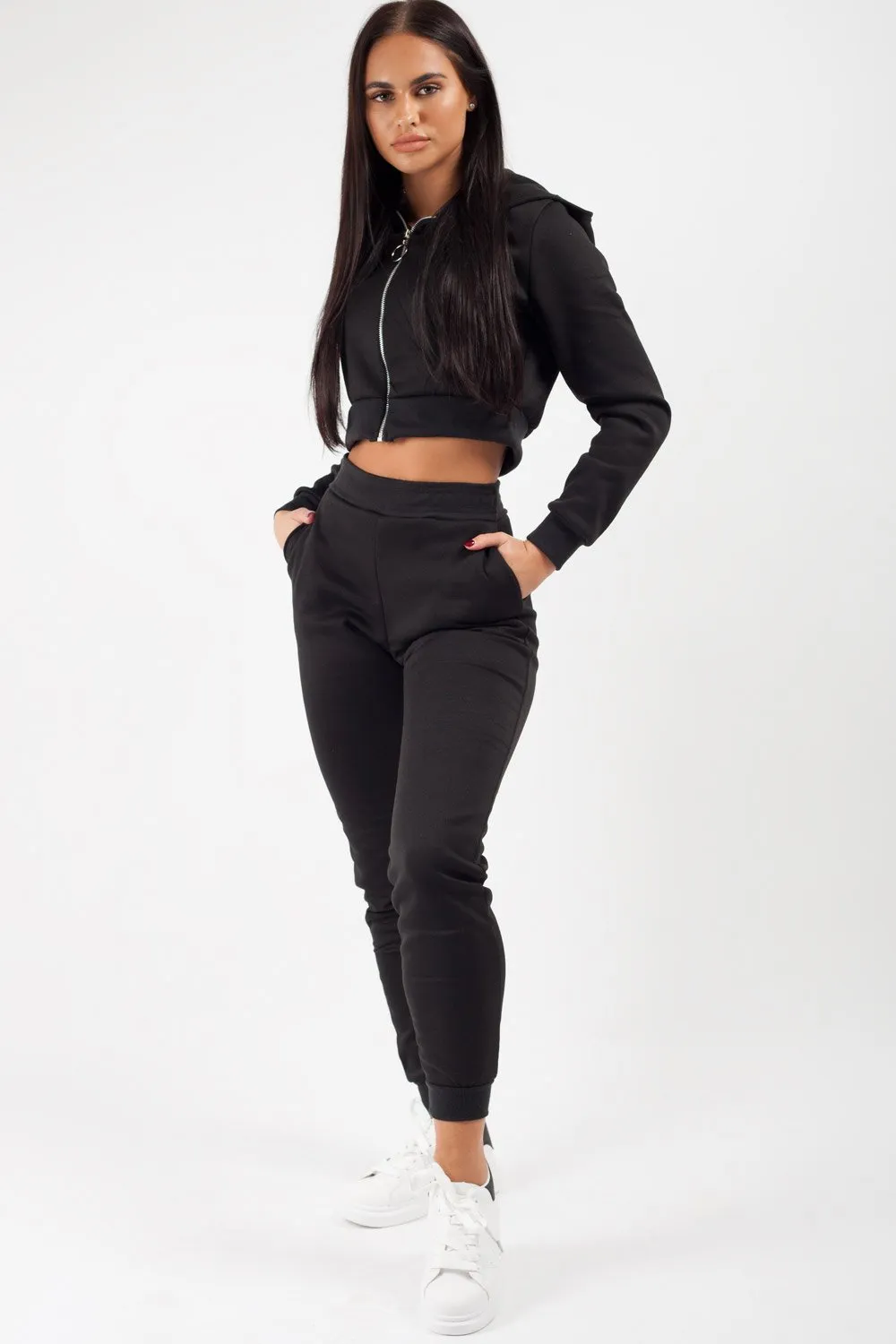 Black Cropped Hoodie And Joggers Loungewear Co-Ord Set
