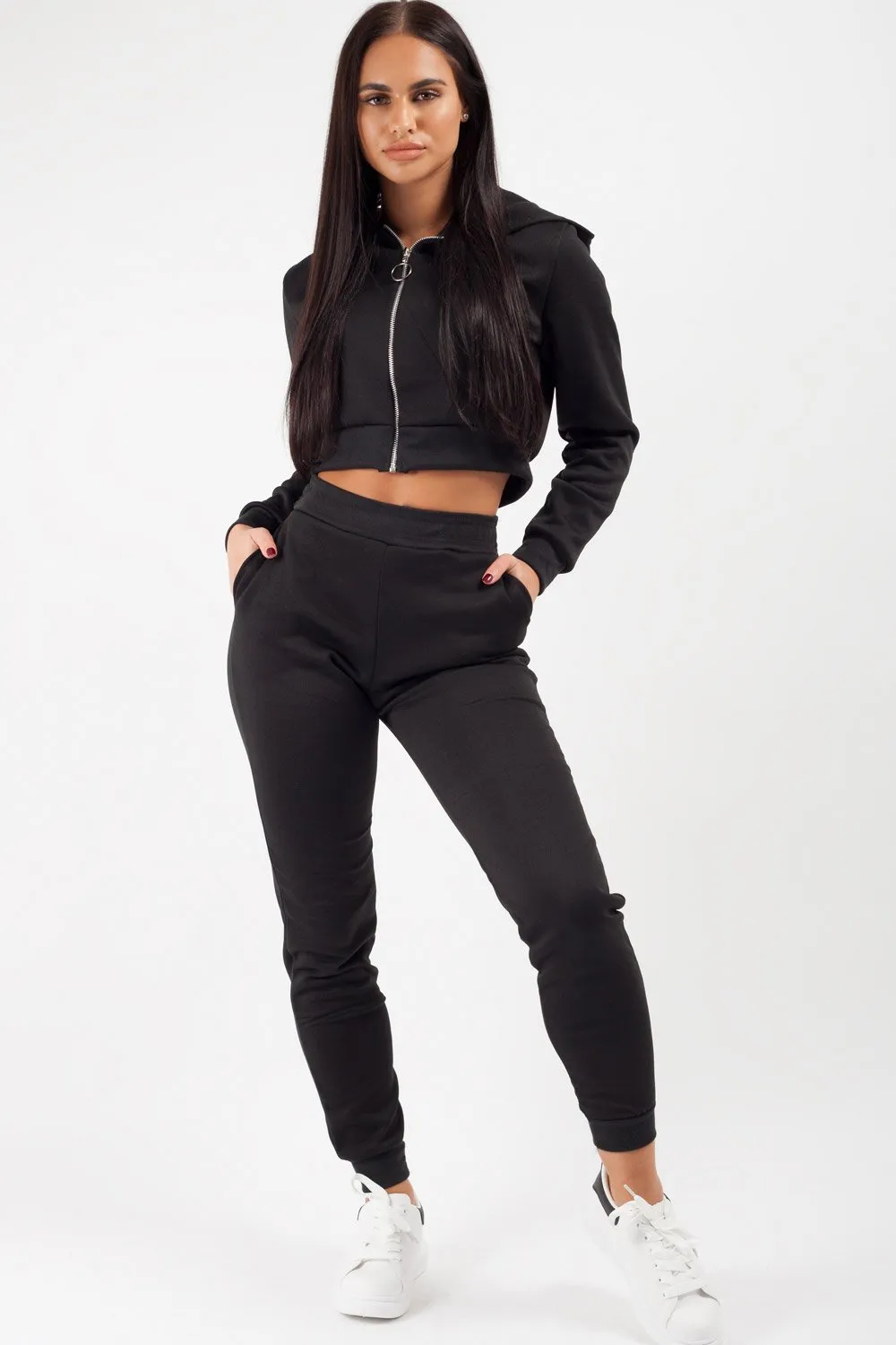 Black Cropped Hoodie And Joggers Loungewear Co-Ord Set