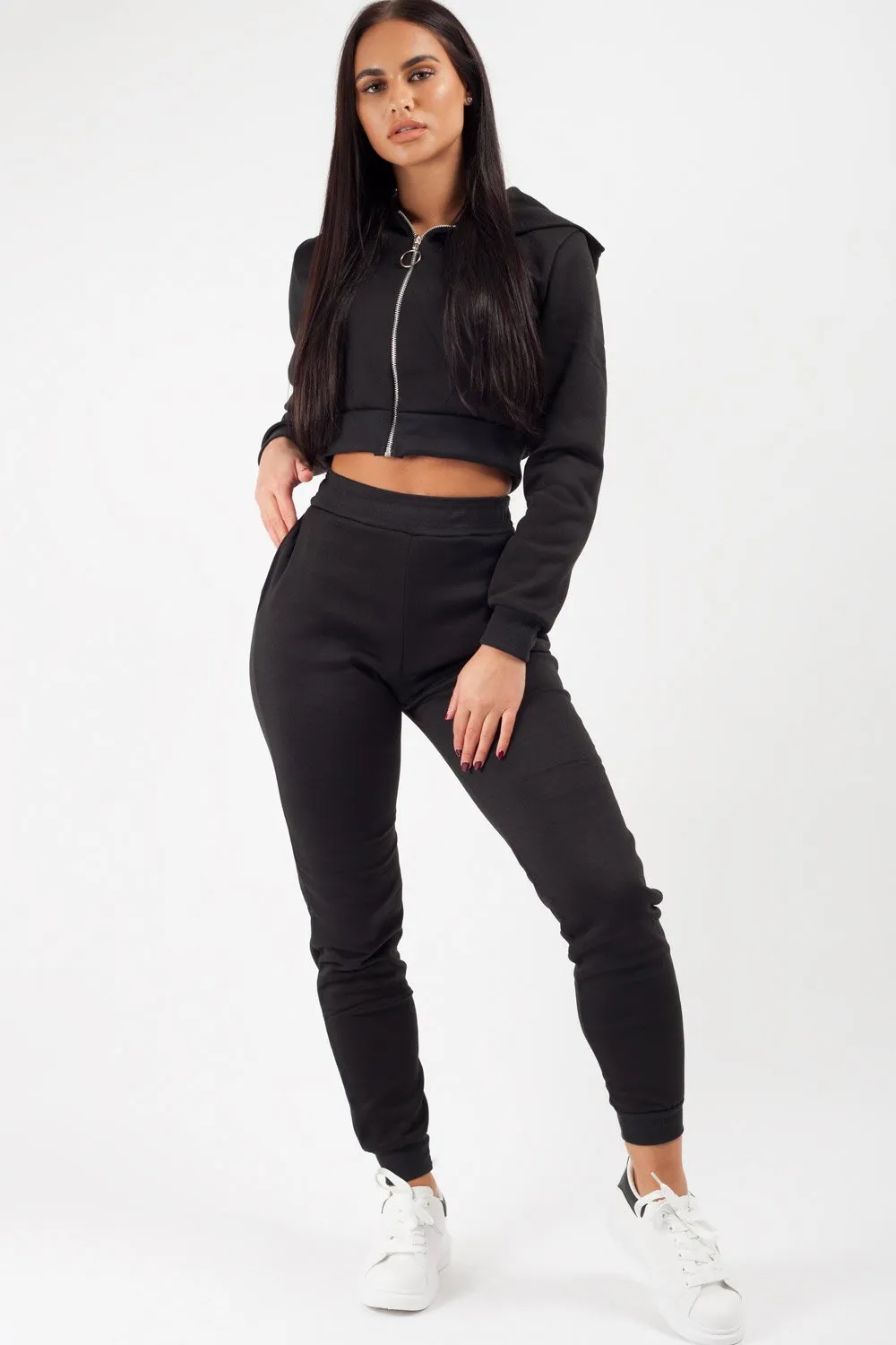 Black Cropped Hoodie And Joggers Loungewear Co-Ord Set