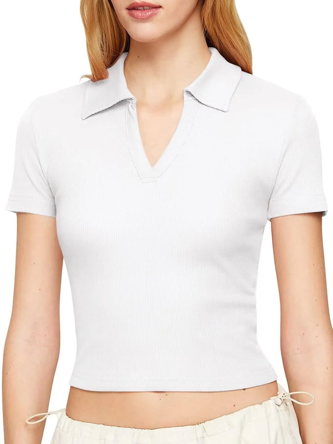 Bliwov Womens Summer V Neck Collared Work Tops Dressy Casual Short Sleeve Crop Polo Ribbed Shirts for Woman 2025 Trendy