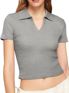 Bliwov Womens Summer V Neck Collared Work Tops Dressy Casual Short Sleeve Crop Polo Ribbed Shirts for Woman 2025 Trendy