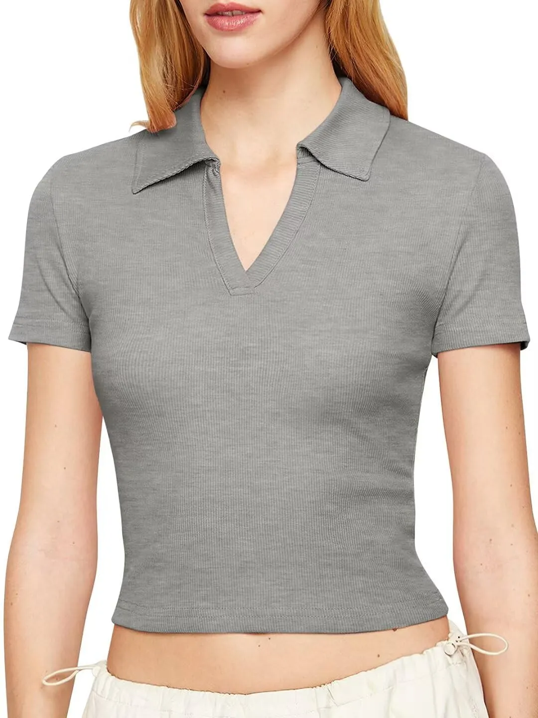 Bliwov Womens Summer V Neck Collared Work Tops Dressy Casual Short Sleeve Crop Polo Ribbed Shirts for Woman 2025 Trendy