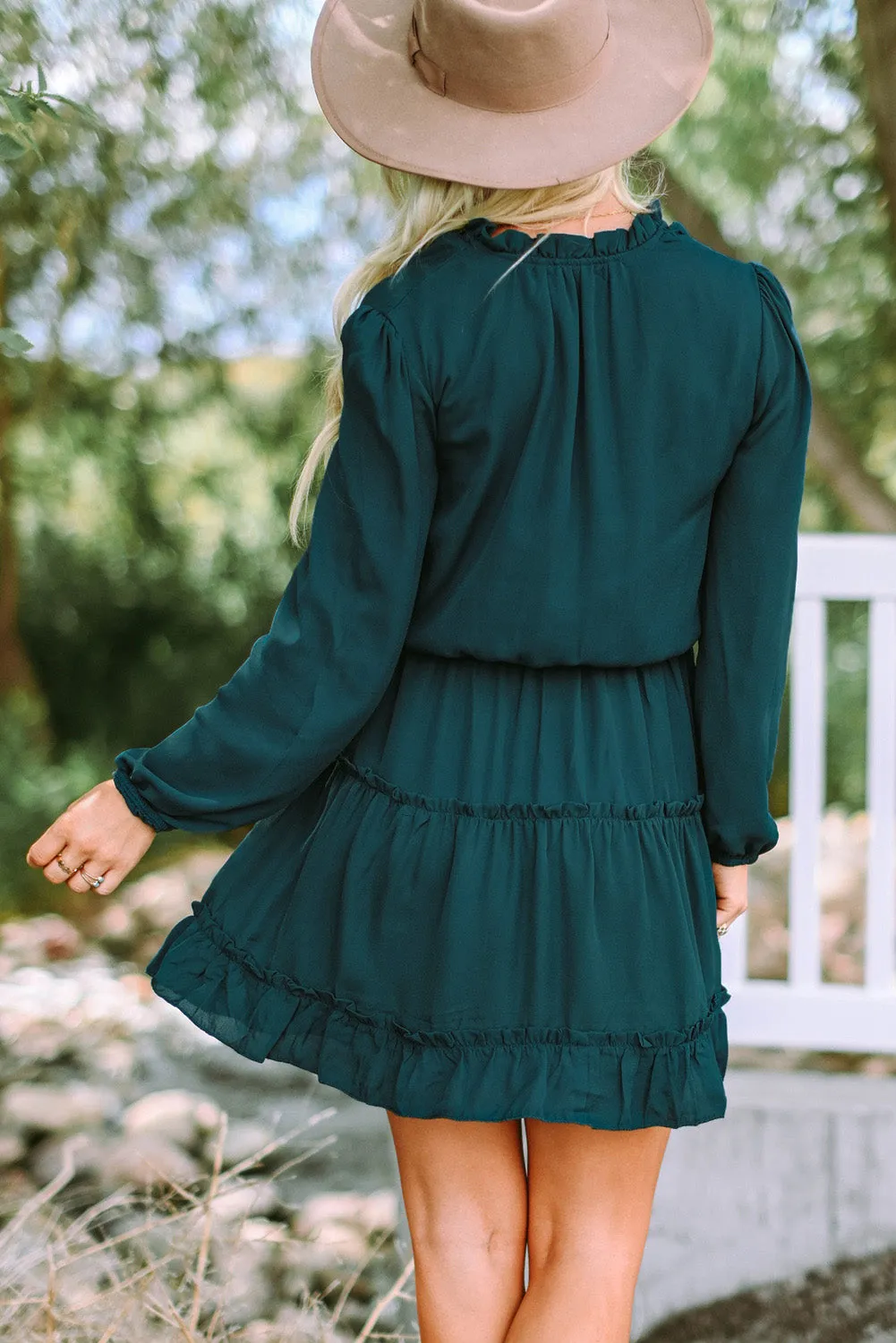 Blue Zone Planet |  Janet's Frill Tie Neck Balloon Sleeve Mini Dress
