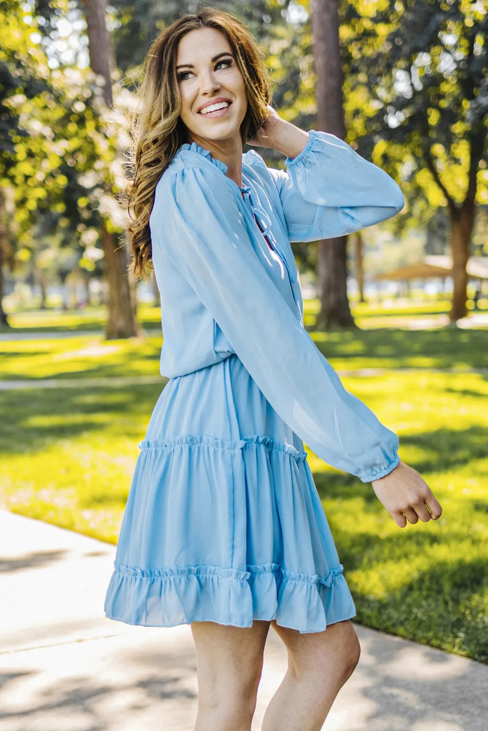 Blue Zone Planet |  Janet's Frill Tie Neck Balloon Sleeve Mini Dress