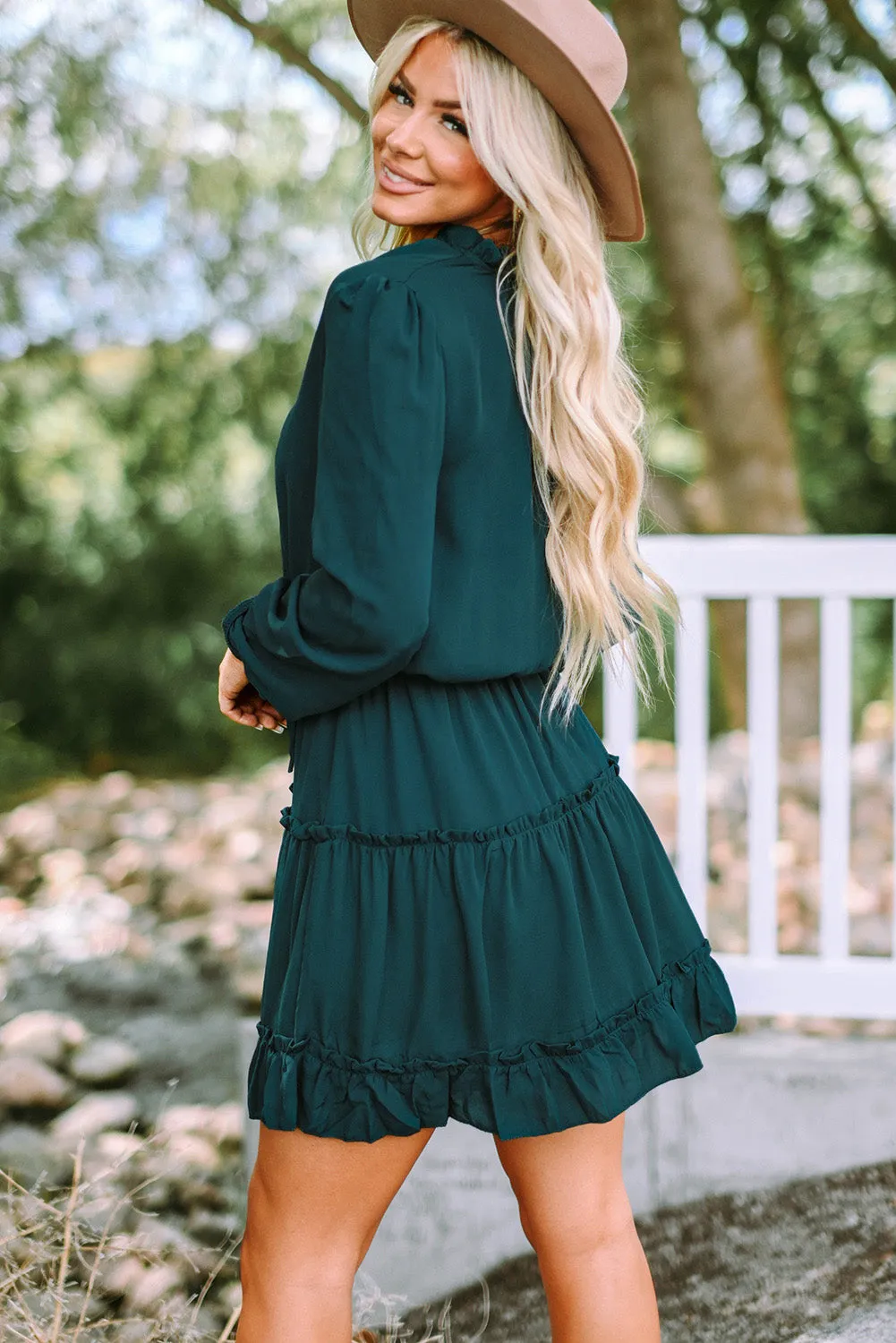 Blue Zone Planet |  Janet's Frill Tie Neck Balloon Sleeve Mini Dress