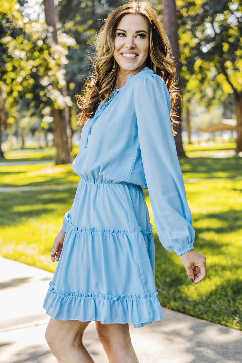 Blue Zone Planet |  Janet's Frill Tie Neck Balloon Sleeve Mini Dress