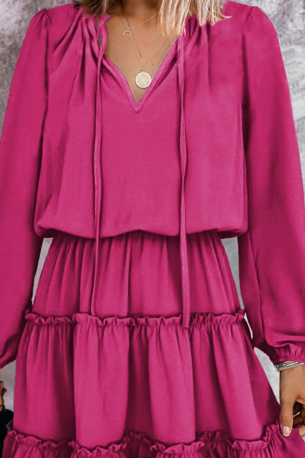 Blue Zone Planet |  Janet's Frill Tie Neck Balloon Sleeve Mini Dress