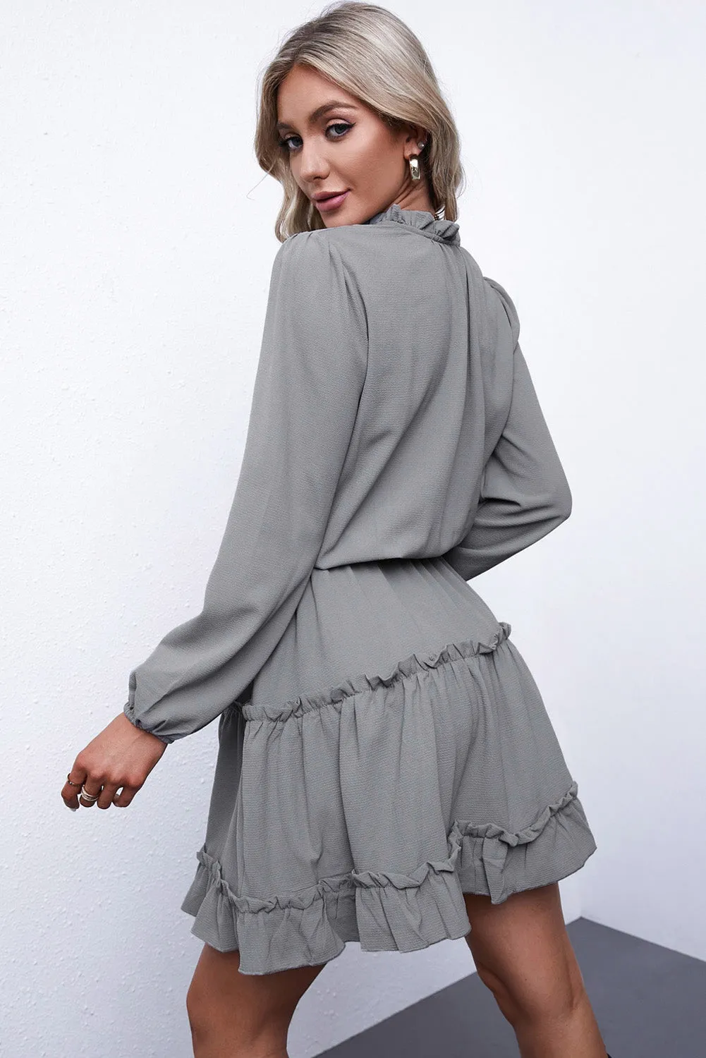 Blue Zone Planet |  Janet's Frill Tie Neck Balloon Sleeve Mini Dress