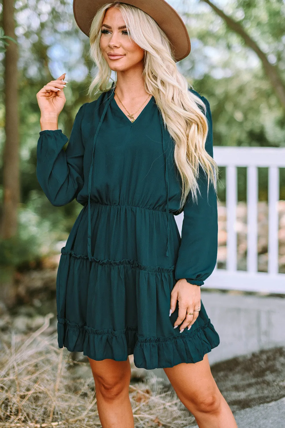Blue Zone Planet |  Janet's Frill Tie Neck Balloon Sleeve Mini Dress