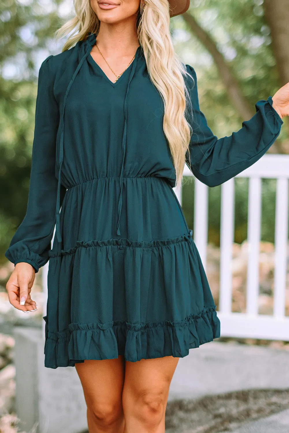Blue Zone Planet |  Janet's Frill Tie Neck Balloon Sleeve Mini Dress