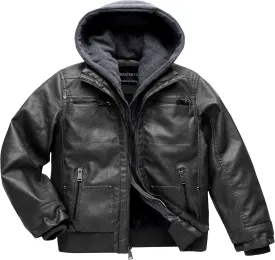 Boy's Faux Leather Jacket Windproof Warm Winter Coat Kids Bomber Outerwear Waterproof PU Motorcycle Jacket