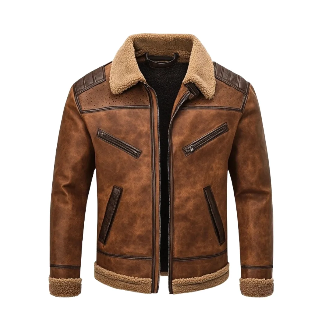 Brown Shearling Aviator Jacket - Designed with Premium Leather | El Zoro