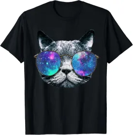Cat Space Glasses Shirt Astronaut Cat Meme Round Glasses Tee T-Shirt