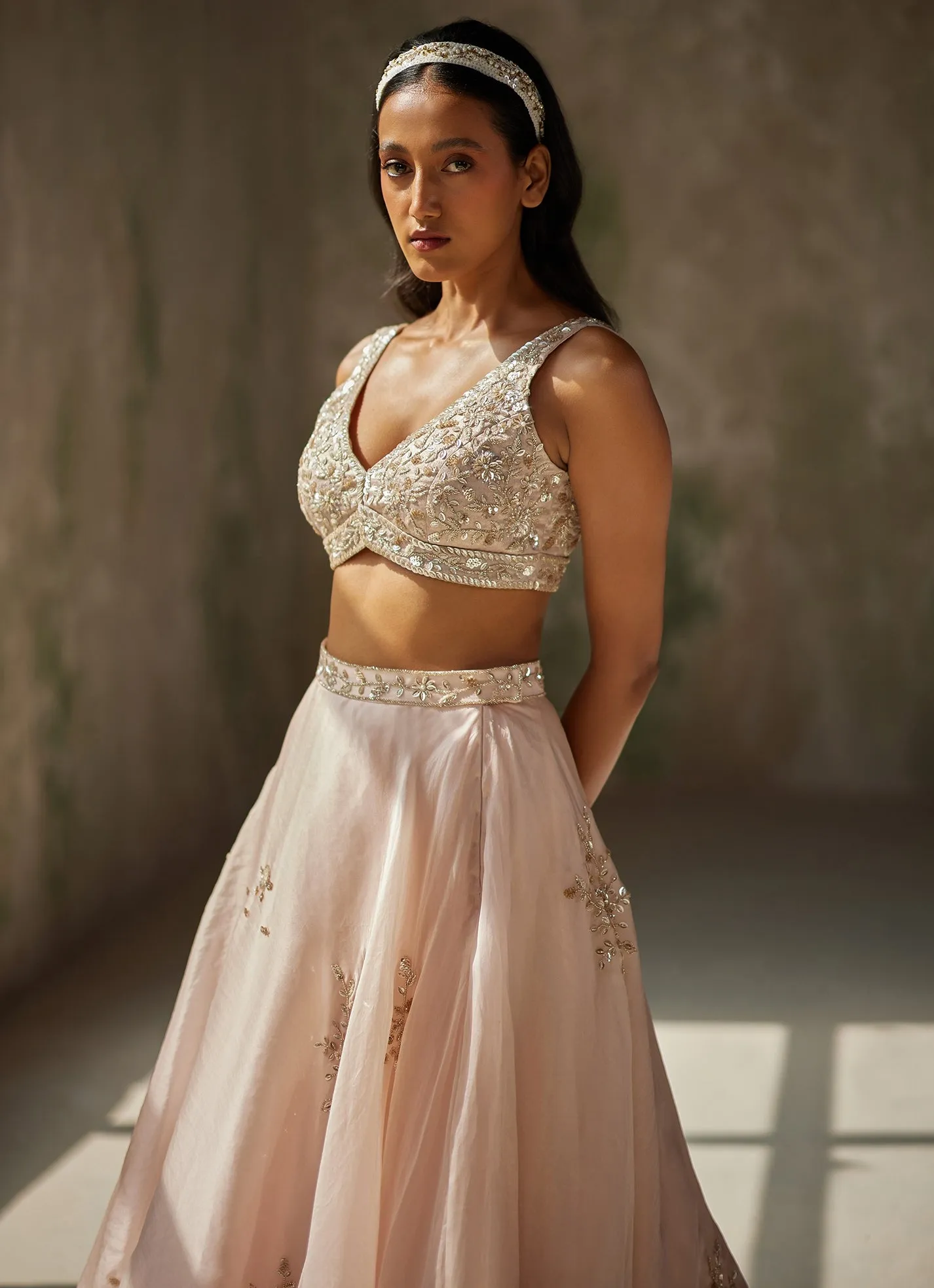 Champagne Pink Embroidered Lehenga