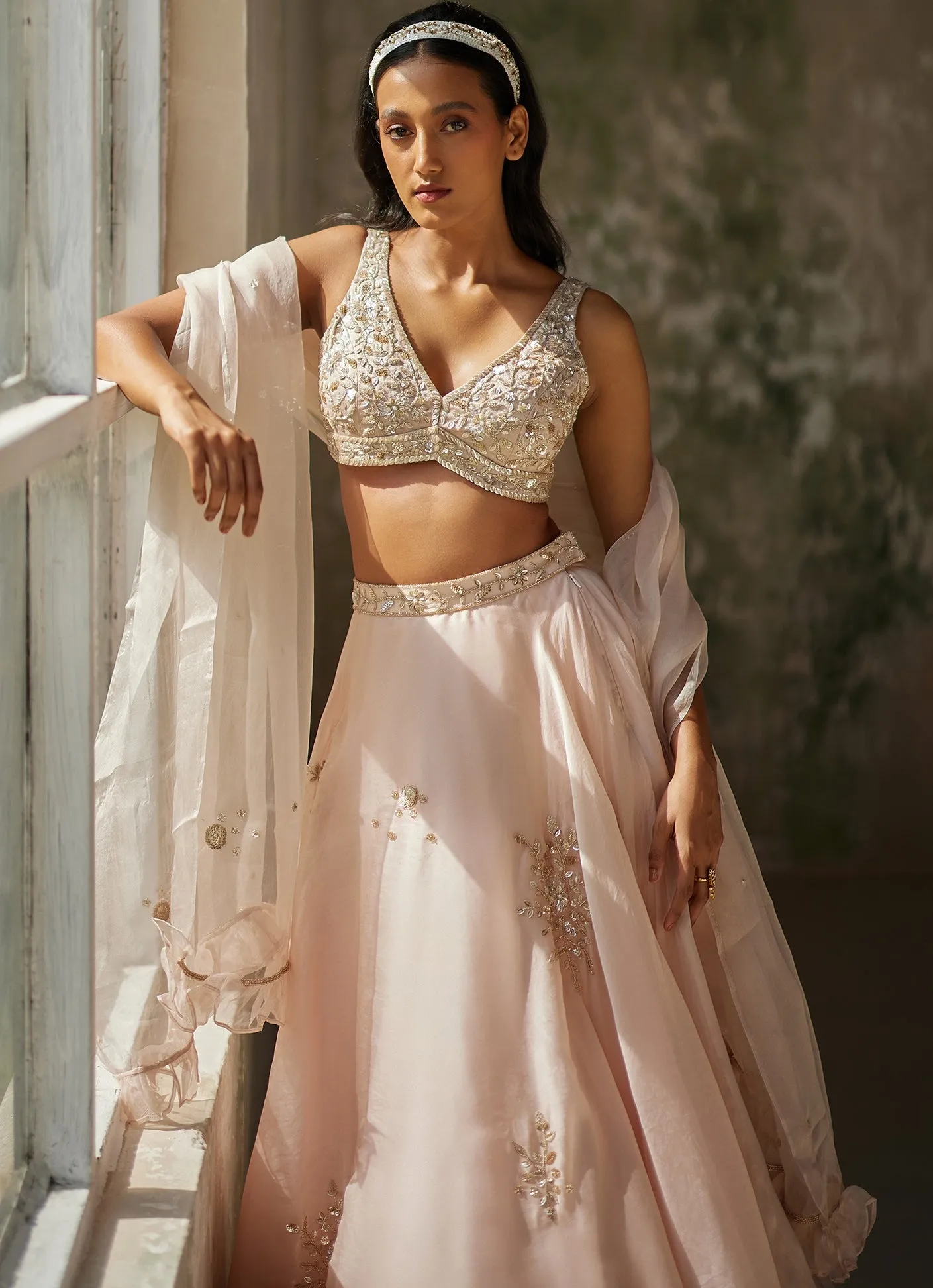 Champagne Pink Embroidered Lehenga