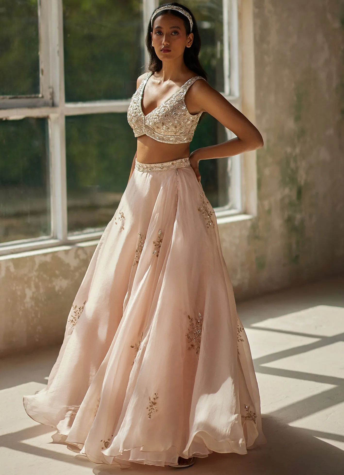 Champagne Pink Embroidered Lehenga