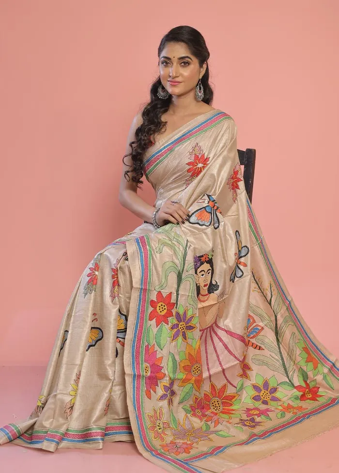 Cream Kantha Stitch Pure Silk Saree With Blouse Piece