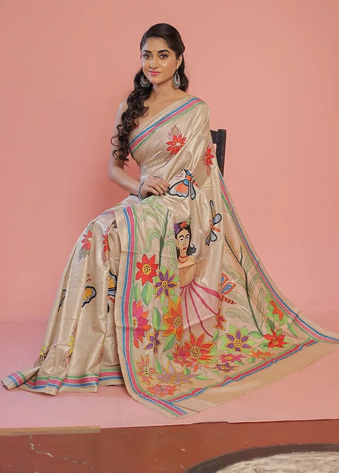 Cream Kantha Stitch Pure Silk Saree With Blouse Piece
