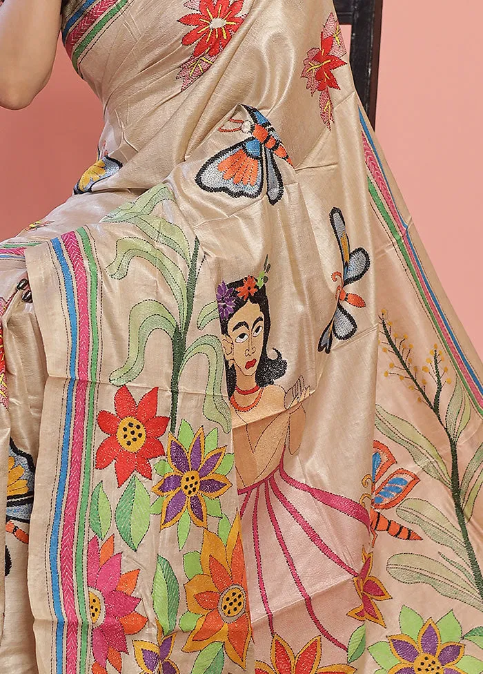 Cream Kantha Stitch Pure Silk Saree With Blouse Piece