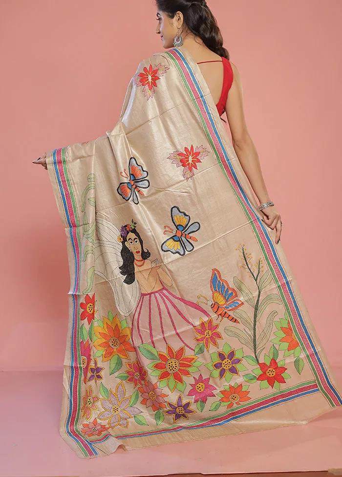 Cream Kantha Stitch Pure Silk Saree With Blouse Piece