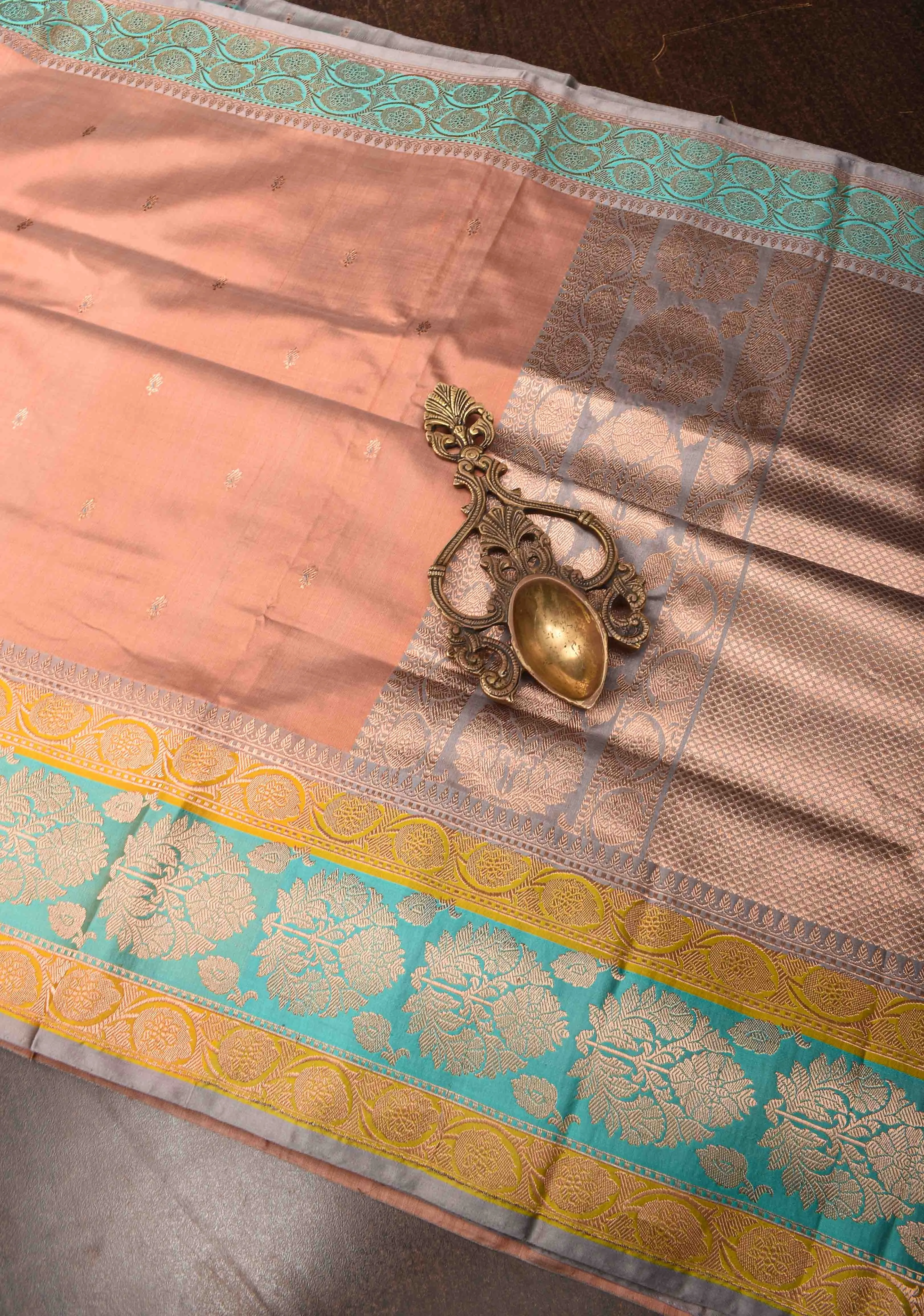 Dark Peach Banarasi Katan silk saree with Meenakari Chunri Buttis and Zari Border | SILK MARK CERTIFIED