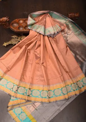 Dark Peach Banarasi Katan silk saree with Meenakari Chunri Buttis and Zari Border | SILK MARK CERTIFIED