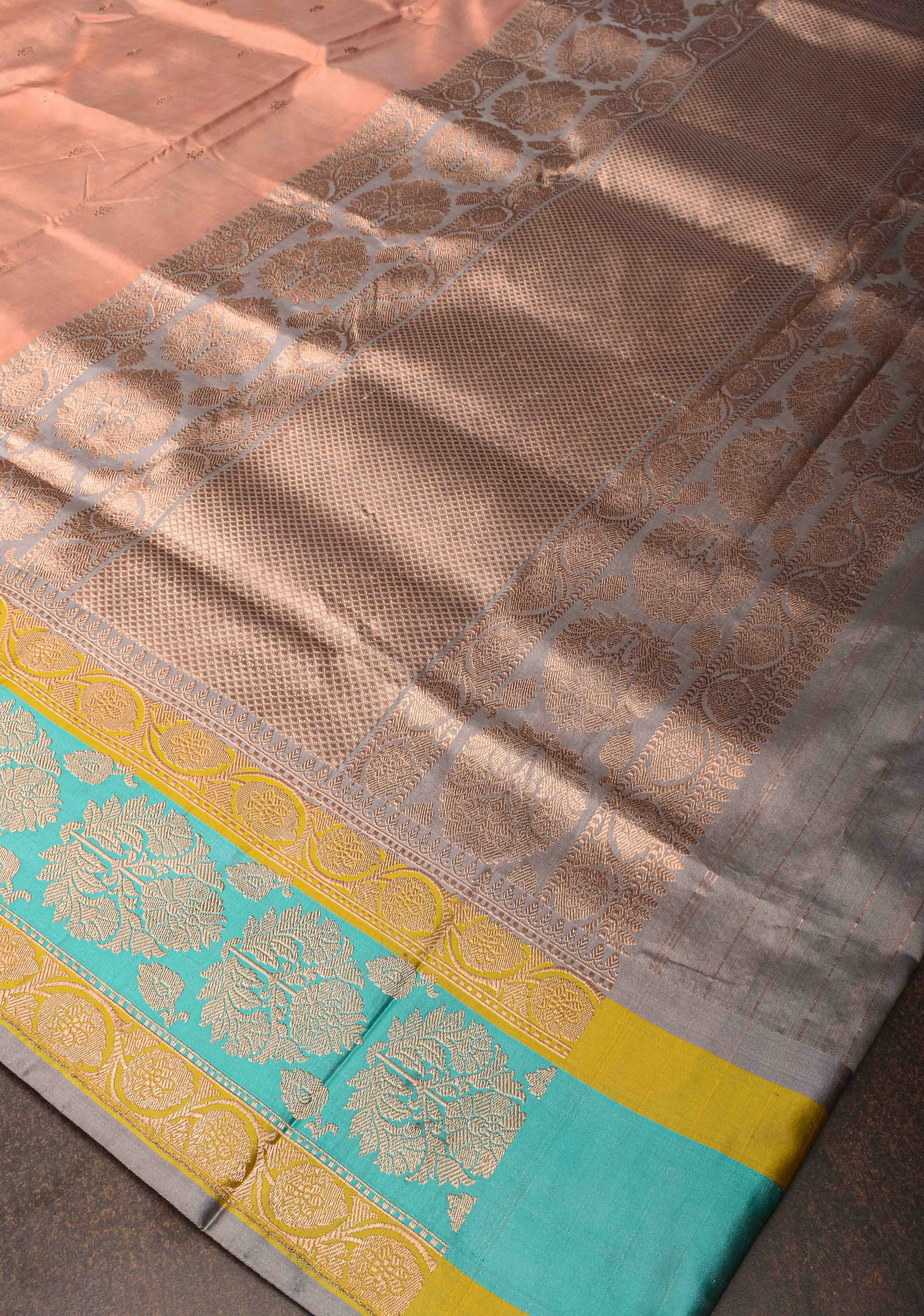 Dark Peach Banarasi Katan silk saree with Meenakari Chunri Buttis and Zari Border | SILK MARK CERTIFIED