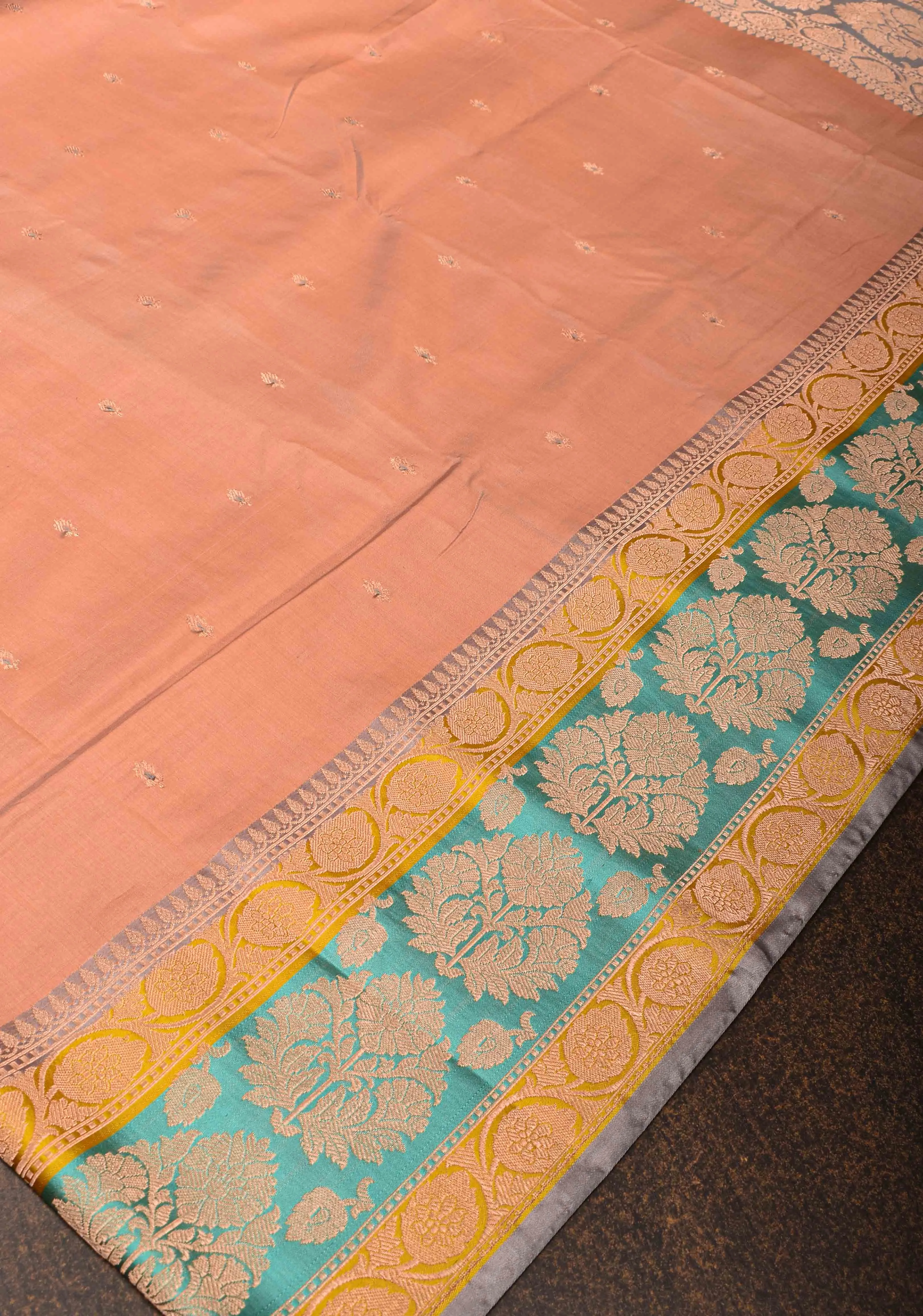 Dark Peach Banarasi Katan silk saree with Meenakari Chunri Buttis and Zari Border | SILK MARK CERTIFIED