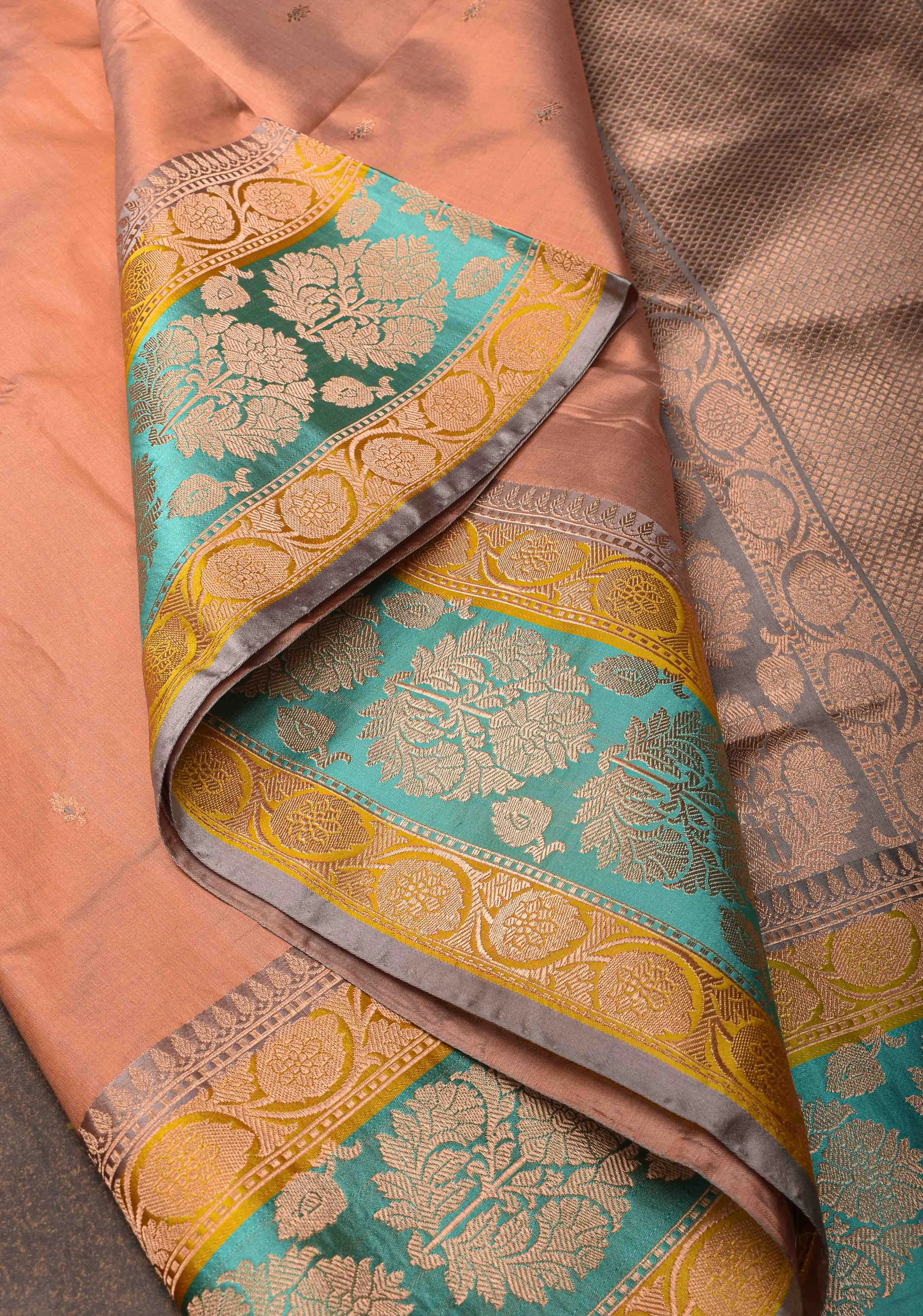 Dark Peach Banarasi Katan silk saree with Meenakari Chunri Buttis and Zari Border | SILK MARK CERTIFIED