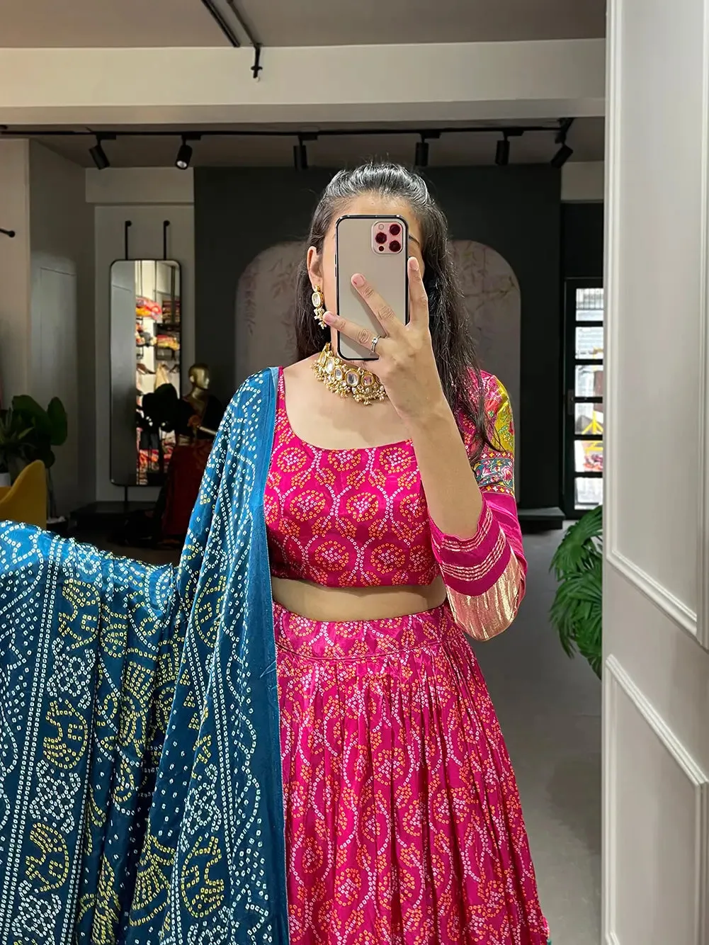 Dark Pink Traditionally Printed Gaji Silk Lehenga Choli
