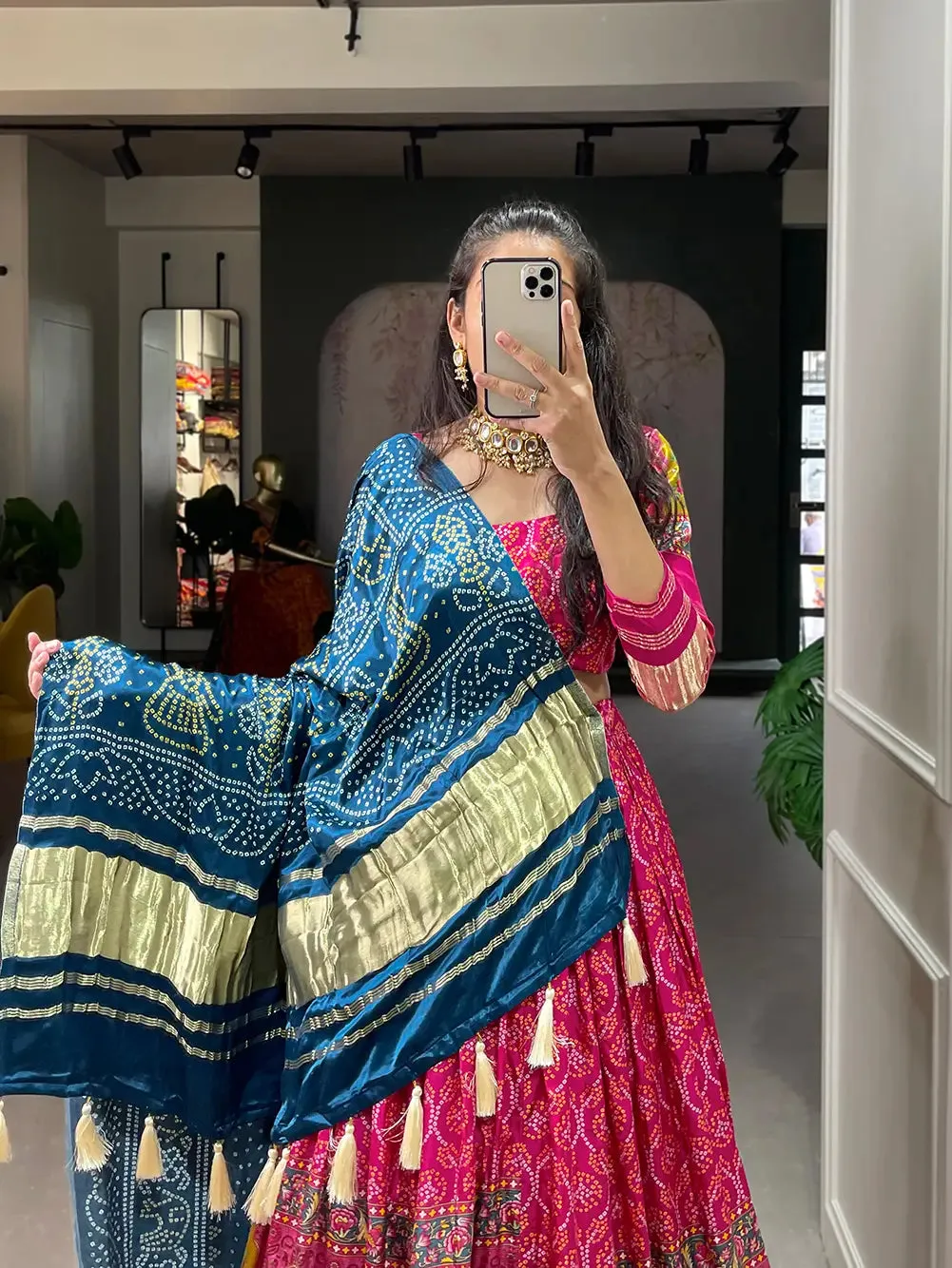 Dark Pink Traditionally Printed Gaji Silk Lehenga Choli